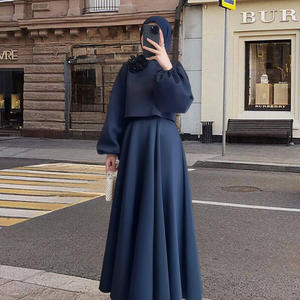 فستان سهرة للنساء المسلمات في الشرق الأوسط، طقم من قطعتين على الطراز الدبي، فستان فضفاض بأكمام فانوس مزين بالزهور، بدلة تنورة نسائية - Product Image 4