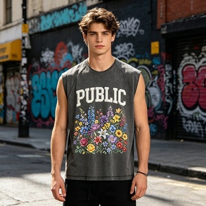 OEM Vintage Stone <b>Washed</b> 230GSM Heavyweight Sleeveless T-Shirt Custom 3D Puff Print Loose Drop Armhole Blank Muscle Tee - Product Image 3