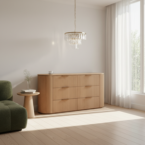 Commode moderne à 6 tiroirs en bois <span class=keywords><strong>clair</strong></span> avec design à rayures verticales, multifonctionnelle pour salon et chambre à coucher - Product Image 2