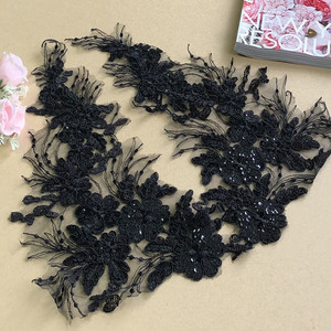 Aplique de Tecido de Poliéster com Bordado em Tela, Renda de Osso, Lantejoulas e Flores para Decoração de Vestidos de Noiva e Roupas, Acessório DIY Preto - Product Image 1