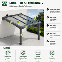 Cubierta de Patio Moderna de Aluminio, Pérgola Impermeable para Exteriores, Montada en la Pared, con Techo de Vidrio para Jardín o Villa