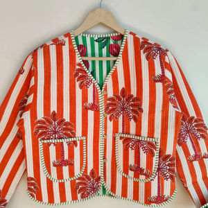 Chaqueta Bomber Acolchada de Algodón con Estampado Floral a Rayas Naranjas, Abrigo de Invierno Boho Hecho a Mano, Ecológico, Transpirable y Reversible Kantha - Product Image 1