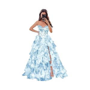 فستان شيفون مطرز على شكل حرف A-line ، فستان حفلة سهرة طويل مع فتحة تنورة متدرجة للنساء للحفلات الصيفية والحفلات الترويجية - Product Image 1