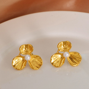Flower <b>Stud</b> Earrings Gold Pearl Bezel Setting <b>Titanium</b> Steel Party Jewelry EH139 - Product Image 3