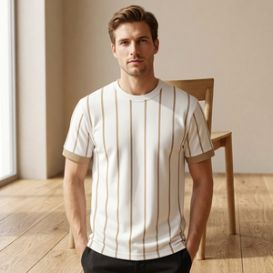 Men's Casual Short Sleeve Striped Knitted <b>T</b>-<b>Shirt</b> O-Neck Regular Fit Contrast Trim Eco-Friendly Cotton Breathable Machine Front - Product Image 2