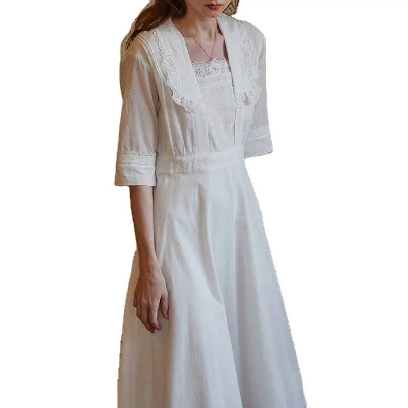 Summer New Elegant Casual Cotton Embroidery Mid Length Dress Lace Lace Square Neck Retro Fit Mid Sleeve White Dress