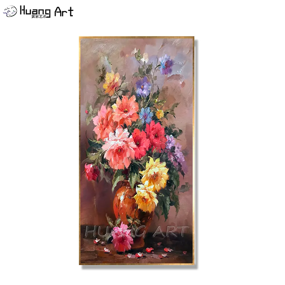 Hand-painted Flower Linen Oil Painting for Living Room Decor Classical Impression Flower Wall Painting Flowers in Vase Picture