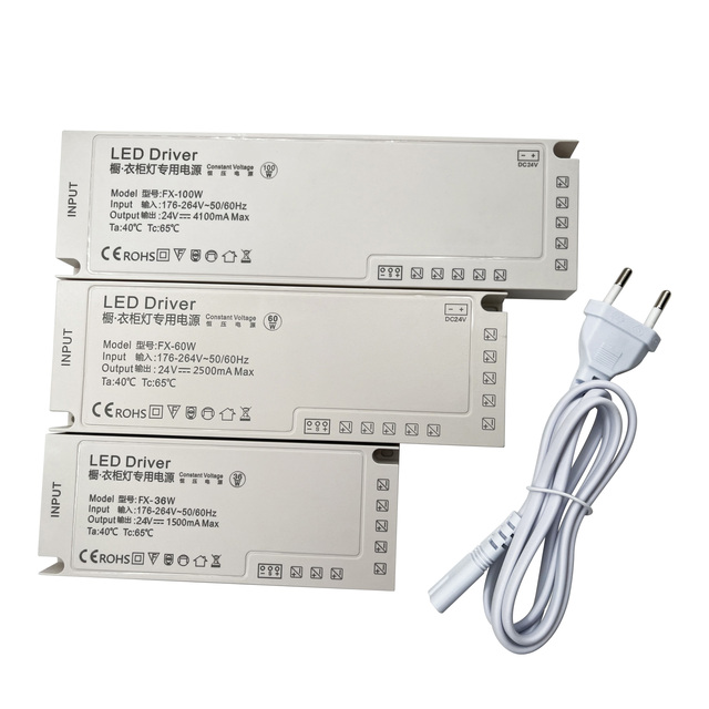 24/36/60/100/150W LED Driver Waterproof AC to DC Constant Voltage 176-264V for Cabinet Lighting with US/EU/AU Plugs