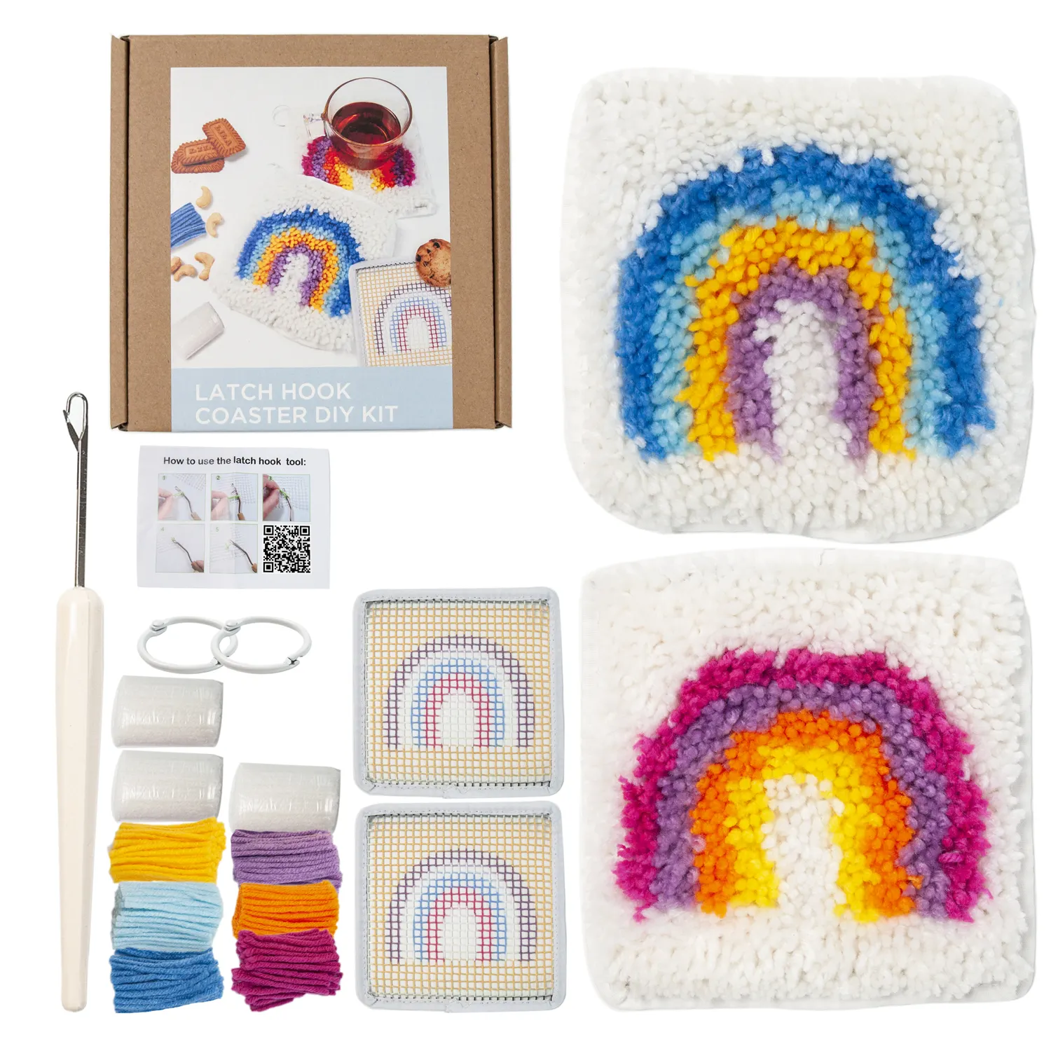 Kit de hilo de lona de malla para alfombra, gancho de pestillo para posavasos, diseño arcoíris DIY