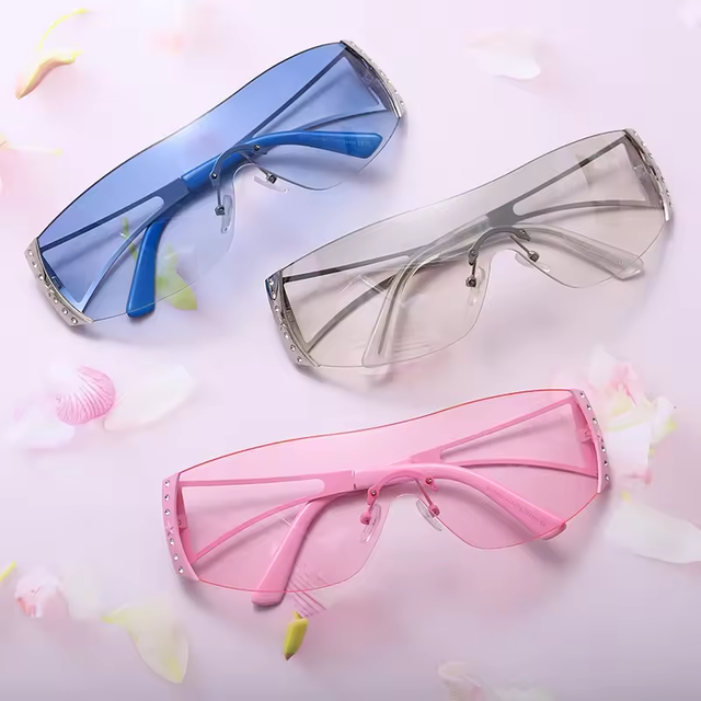 Y2K Zircon Luxury PC UV400 Rectangular Frame Fashion Sunglasses Blue Pink Gray Brown Unisex