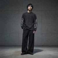 T-shirt à manches longues en tissu gaufré pour homme, style hip-hop, 100% coton, coupe ample, impression numérique graphique, écologique, séchage rapide
