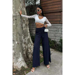 Pantalones Palazzo Elegantes de Pierna Ancha, Cintura Alta, Color Azul Marino, Crepé Antiarrugas, Pantalones para Mujer - Product Image 6