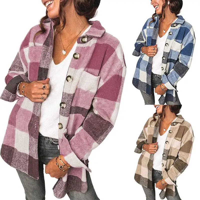 Casual Coat Long Sleeve Women Autumn Coat Wholesale Custom Winter Jacket Thick Long Sleeve Plaid Shirt