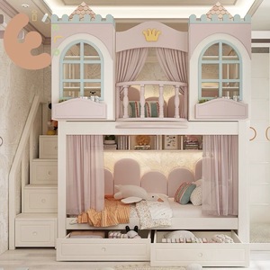 Bộ giường tầng trẻ em chất lượng cao, giường tầng công chú<span class=keywords><strong>a</strong></span> cho bé gái, giường tầng đôi bằng gỗ cho trẻ em có cầu trượt - Product Image 2