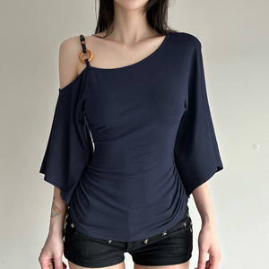 T-shirt à bretelles perlées à une épaule style streetwear pour femmes, taille froncée, manches lanternes drapées, coupe ajustée, style Y2K, chic blogueuse INS - Product Image 3