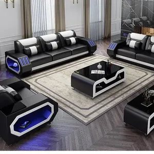 LED Living Room Sofas Luxury Wooden Frame Sofas Modern Living Room Furniture Leather Sofa