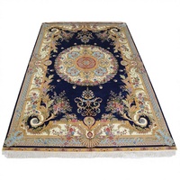 Tapis Aara 6x9 bleu, style français traditionnel européen, motif Aubusson, fait main, en soie, lavable, antidérapant, à poils ras et fins