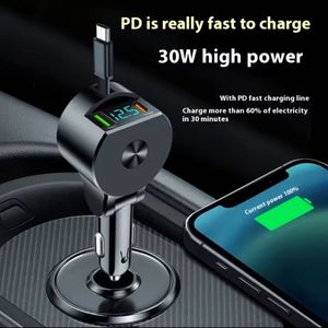 3 in 1 Retractable Car Charger <b>Usb</b> Type C <b>Cable</b> <b>Charging</b> Cord PD 30W Cigarette Lighter Adapter for Mobile Phone - Product Image 3