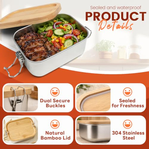 Boîte à lunch en acier inoxydable, divisée en trois sections, écologique, passe au lave-vaisselle et au micro-ondes, sans BPA, boîte bento avec couvercle en bambou, pour les nouveau-nés - Product Image 3