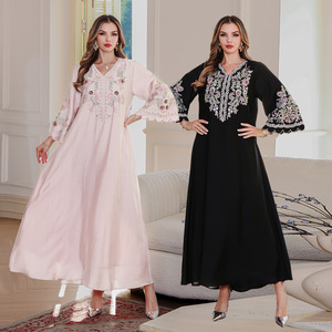Women's Elegant Dubai Embroidered Robe Abaya Dress Long Polyester Dress for Summer Autumn Spring for Muslims