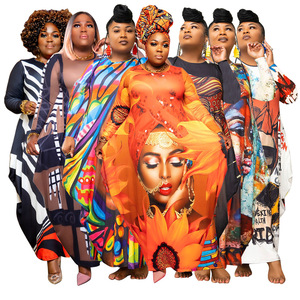 N7581 Robe longue asymétrique à manches longues pour femmes grandes tailles, style européen et américain, avec ourlet large et motifs imprimés - Product Image 1