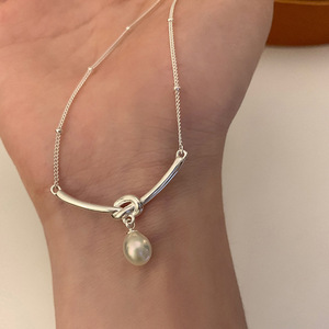 Collier en argent massif S925 torsadé avec perle naturelle en forme de goutte d'eau de 7-8 mm, collier de perles pour femmes - Product Image 5