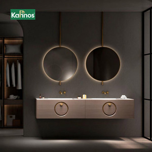 Meubles-lavabos contemporains pour salle de bain avec rétroéclairage LED dimmable, poignée carrée et vasque en céramique – Idéal pour la rénovation de salles de bain d'hôtel - Product Image 1