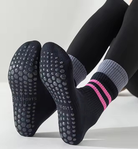 High Quality Custom Logo Women's Stripes Double Cuff Seamless Toe Yoga <b>Socks</b> Comfortable Fitness Sports Sticky Brown Maillard - Product Image 3