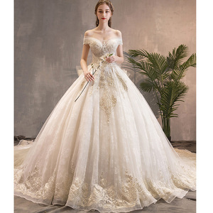 Off-Shoulder Princess Ball Gown Wedding Dress Sweetheart Neckline Long Train Floral Print White Floor-Length Style W37 - Product Image 1