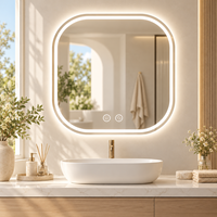 Miroir de salle de bain LED carré arrondi avec éclairage 3 couleurs, gradation progressive, anti-buée et commande tactile double