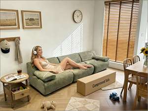 セージグリーンのバブルテクスチャーベルベット張り圧縮ソファ、真空密封モジュール式カーブボーンレスセクショナルレジャーモダン - Product Image 1