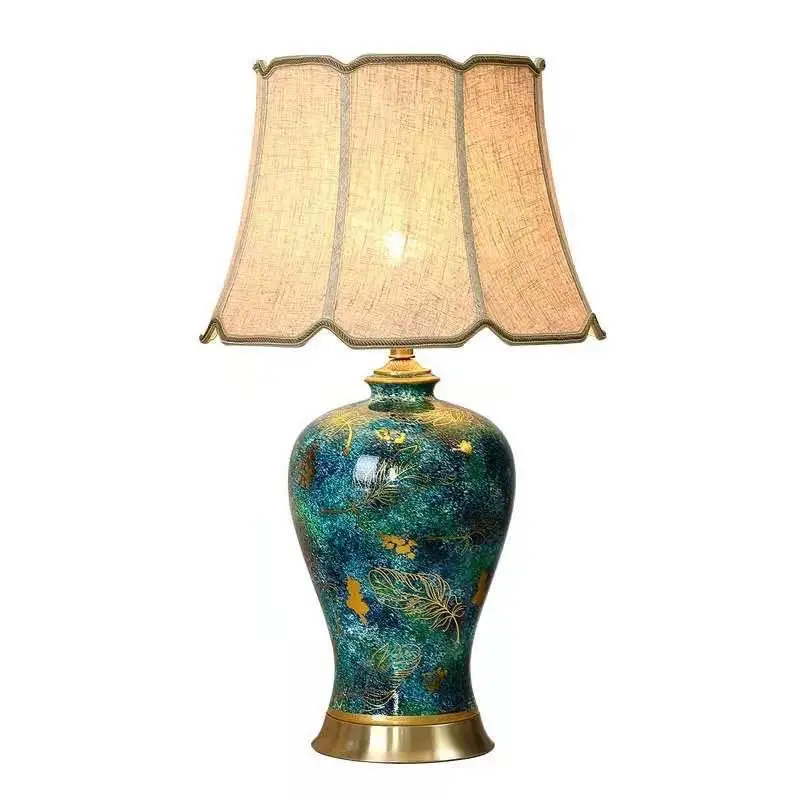 Moderne Keramische Lamp Met Messing Basis Luxe Tafel Handgemaakt Porselein Licht Slaapkamer Beddengoed Lampenkap Decor Verlichting