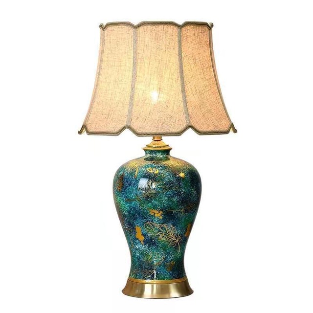 Modern Ceramic Lamp With Brass Base Luxury Table Handmade Porcelain Light Bedroom Bedside Fabric Lampshade Decor Lighting