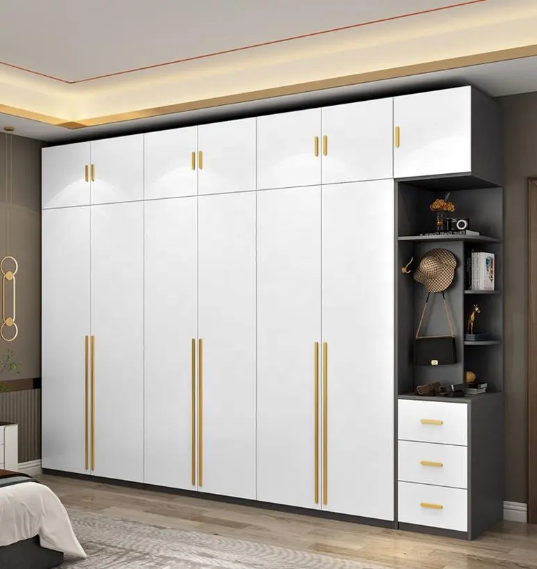 2023 Moderno personalizado blanco en forma de L teca clásico Simple MDF último gabinete dormitorio armario diseño