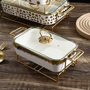 Plaques de cuisson rectangulaires en céramique avec couvercle en verre, de Style luxueux, 10/12/14 pouces, surdorées, chauffage des aliments - Product Image 6