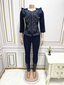 Nuevo Conjunto de Dos Piezas de Moda para Mujer, <span class=keywords><strong>Talla</strong></span> <span class=keywords><strong>Grande</strong></span>, <span class=keywords><strong>Chaqueta</strong></span> y Pantalones Vaqueros con Cuentas - Product Image 3