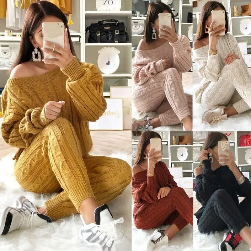 Autumn New Cotton Tracksuit Women 2 Piece Set Sweater Top+Pants Knitted Suit O-Neck Knit Set Women Outwear 2 Piece Set