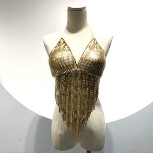 GC074 Sexy Golden <span class=keywords><strong>Sequin</strong></span> Bra Bikini Body Chain Body Jewelry Chainmail tank Top for Party Women - Product Image 2