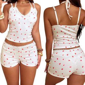 Strawberry Print Lace Women's Loungewear <b>Set</b> Summer V-neck Tank Top + Casual Pants <b>Knit</b> Breathable Eco-Friendly Athleisure Two - Product Image 1