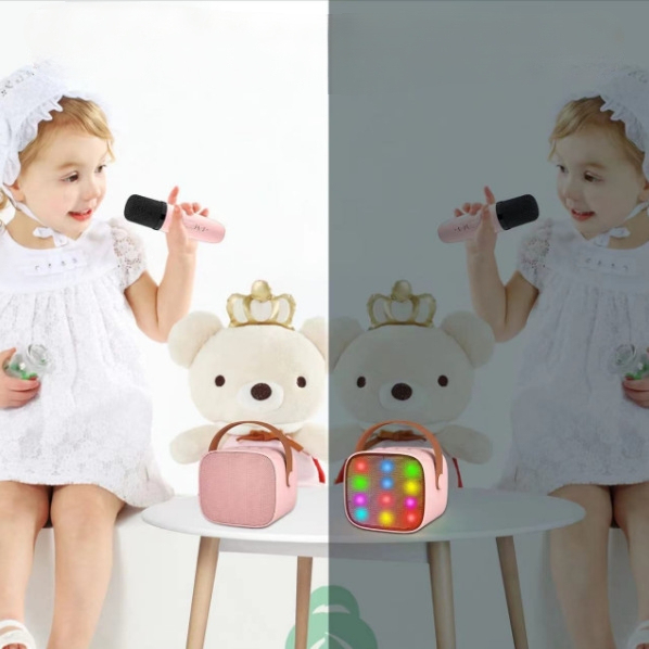 Mini Portable Karaoke Speaker with Wireless Microphone LED Display Memory Card Support Lights-6W HIFI Soundbar for Singing Gifts