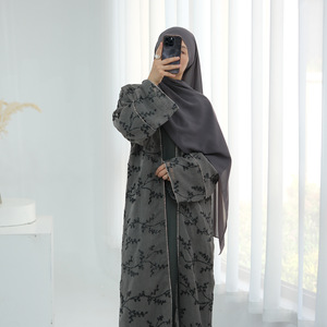 Turkish Floral Embroidery Crepe Abaya Dress for Adults Open Muslim Women's Puff Sleeves <strong>Kaftan</strong> for Eid Long Robe From Dubai Arab - Product Image 5