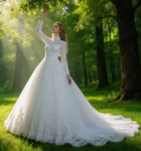 Elegante <span class=keywords><strong>Abito</strong></span> da Sposa Musulmano <span class=keywords><strong>in</strong></span> <span class=keywords><strong>Tulle</strong></span> con Maniche Lunghe, Applicazioni e Perline, Strascico a Cappella - Product Image 6