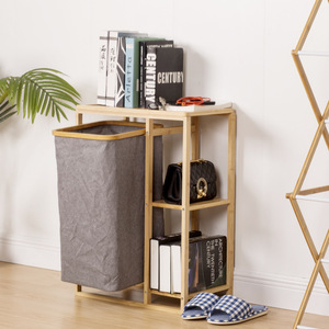Bamboo <b>Laundry</b> Storage Rack With Fabric <b>Basket</b> Rectangle Standing Type Durable Clothing Organizer For Bathroom Bedroom - Product Image 2