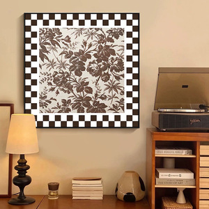 Retro Floral Wall Art Oil Canvas Painting <b>With</b> Checkerboard <b>Frame</b> For Living Room Bedroom Decor - Product Image 5