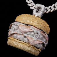 Promotion : Pendentif Burger en Argent Sterling 925 et Moissanite, Réaliste 3D, Style Hip Hop Iced Out pour Hommes, Idéal Streetwear Quotidien