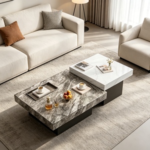 Modern Movable <b>Nested</b> Sintered Stone <b>Coffee</b> <b>Table</b> <b>Set</b> With Built-in Tea Tray, Two-tone Square <b>Table</b> For Living Room Furniture - Product Image 2