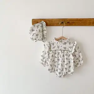 Lente En Herfst Baby Meisje Dubbelzijdige Katoenen Romper Bedrukt Met Lange Mouwen Baby Jumpsuit Driehoek Romper Met Gratis Hoed