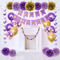 Décorations d'anniversaire violettes pour femmes et filles avec des fleurs, des décorations de gâteau, des papillons suspendus, des guirlandes à pois circulaires et des ballons