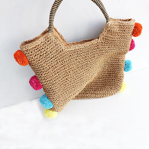 Bolso de Mano 2025, Nuevo, Color Sólido, Simple, con Bola de Peluche, Tejido <span class=keywords><strong>a</strong></span> Crochet con Cuerda de Papel, Cierre de Cremallera, Moderno - Product Image 4