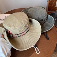 Sombrero de Playa Unisex Ajustable de Ala Ancha con Protección Solar UPF 50+, Material de Algodón, Diseño a Cuadros, Informal, para Viajes y Ciclismo